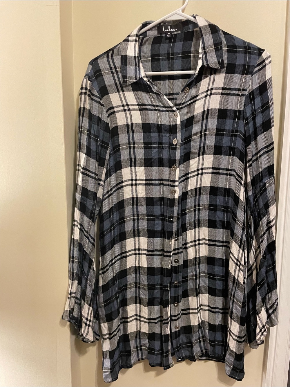 Lulu's Black,Blue and Gray Plaid Button-Up Shirt